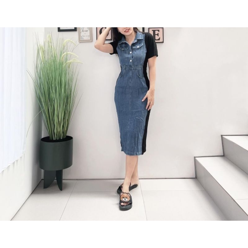 ABLECOUTURE Midi Dress Kemeja Bodycon Jeans Denim Selutut Korean Lowny 9-490