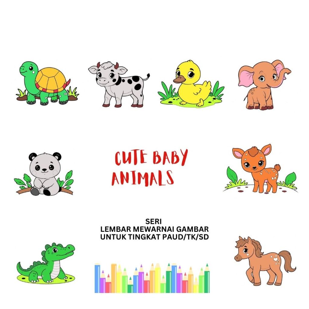 LEMBAR MEWARNAI/TEMA BAYI HEWAN LUCU/CUTE BABY ANIMALS/A4 100 GSM/KERTAS GAMBAR/KERTAS MEWARNAI