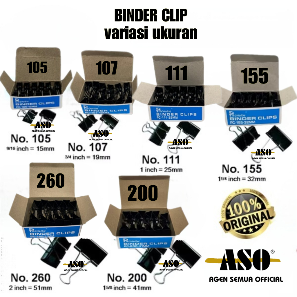 

BINDER CLIP 105 107 111 155 200 260 KLIP penjepit klip kertas ( pilih ukuran ) PROMO !!!