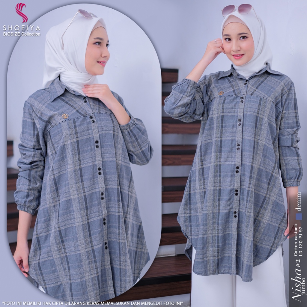 Nisha tunik kemaja atasan wanita muslim jumbo ld 120 bahan katun kotak kotak kekinian terbaru 2024