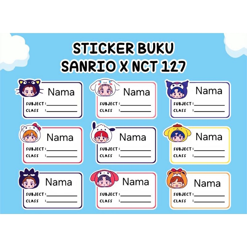 

PO 3-5 hari (Bentuk Kotak) Stiker Sticker Nama Anak Sanrio X NCT 127 Untuk di tempel di buku tulis atau buku pelajaran