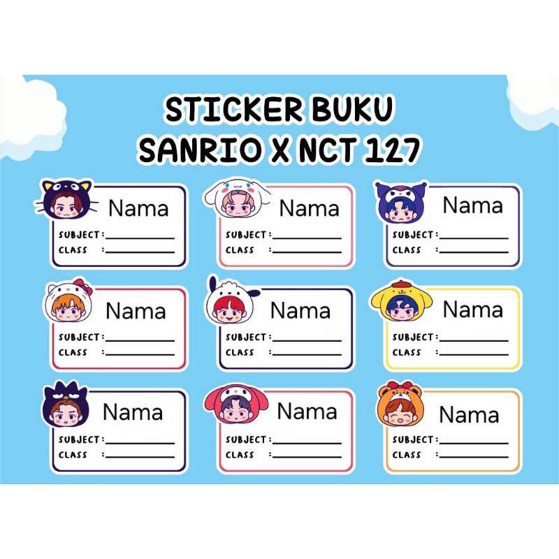 PO 3-5 hari (Bentuk Kotak) Stiker Sticker Nama Anak Sanrio X NCT 127 Untuk di tempel di buku tulis a