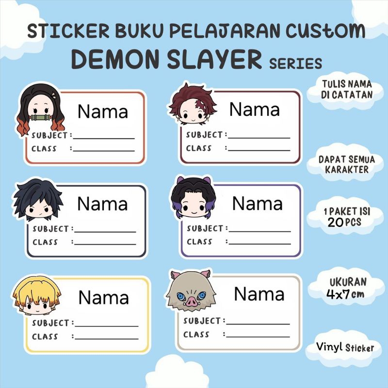 

PO 3 hari (Bentuk Kotak) Stiker Sticker Nama Anak Demon Slayer Untuk di tempel di buku tulis atau buku pelajaran