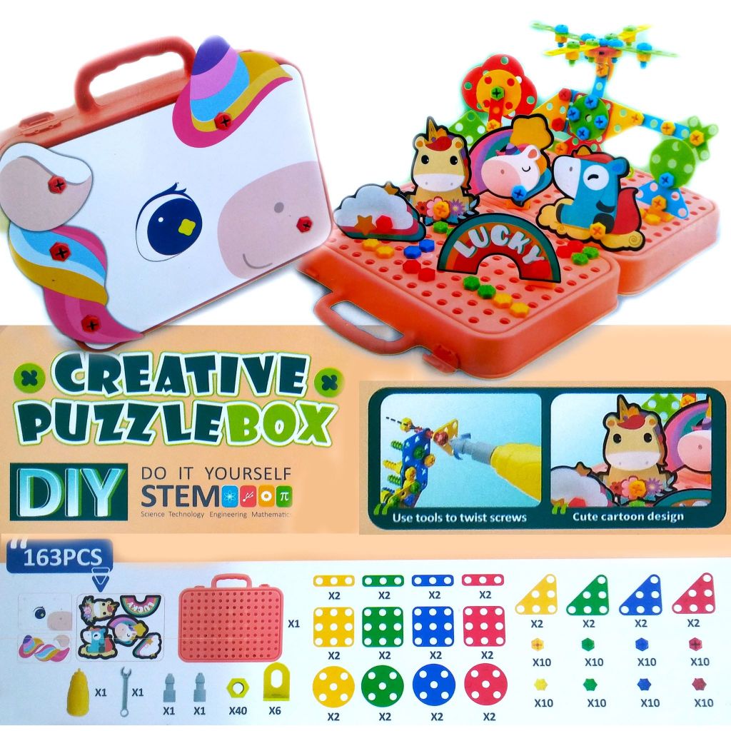 MAINAN EDUKASI KREATIF KOTAK PUZZLE 3D BOX DIY RAKIT BENTUK GEOMETRI SUSUN MODEL 163 PCS COCOK UNTUK