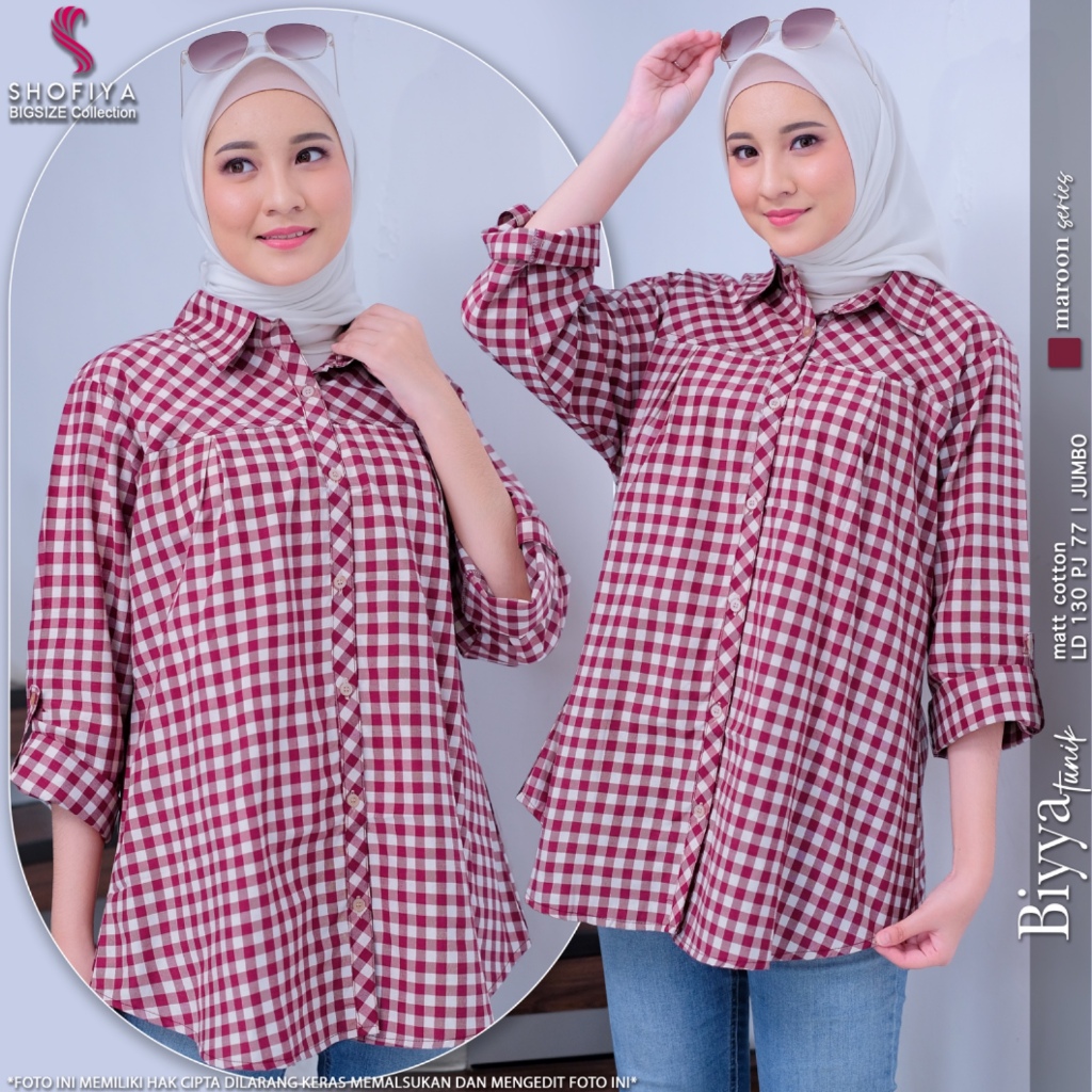 Biyya tunik kemaja atasan wanita muslim jumbo ld 120 bahan katun kotak kotak kekinian terbaru 2024