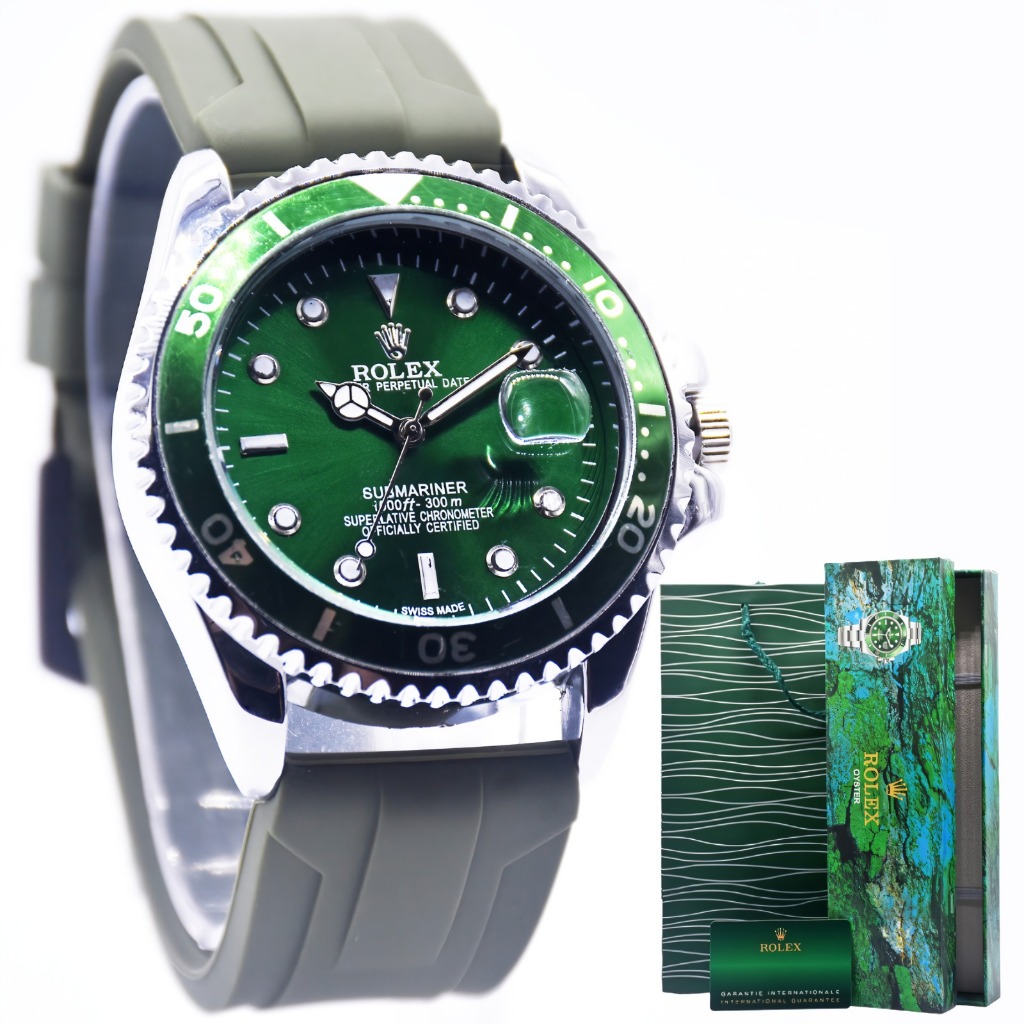 Jam Tangan Pria Rolex Submariner Tali Rubber Ring Putar Tanggal Aktif Box Exclusive