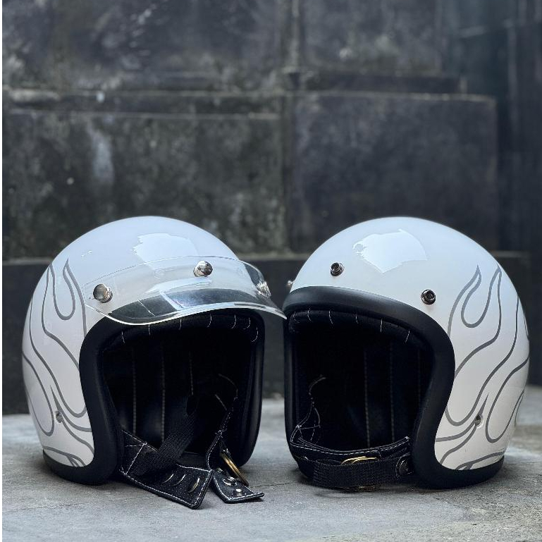 Helm Slimhead Tx500 Original SNI Motif Api Flame Vespa White Putih