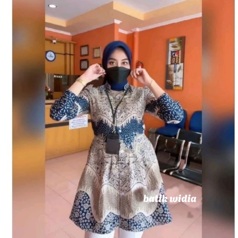 Couple Batik Tunik Batik Maharani Lengan Panjang Model Puffy Princes Kancing Depan