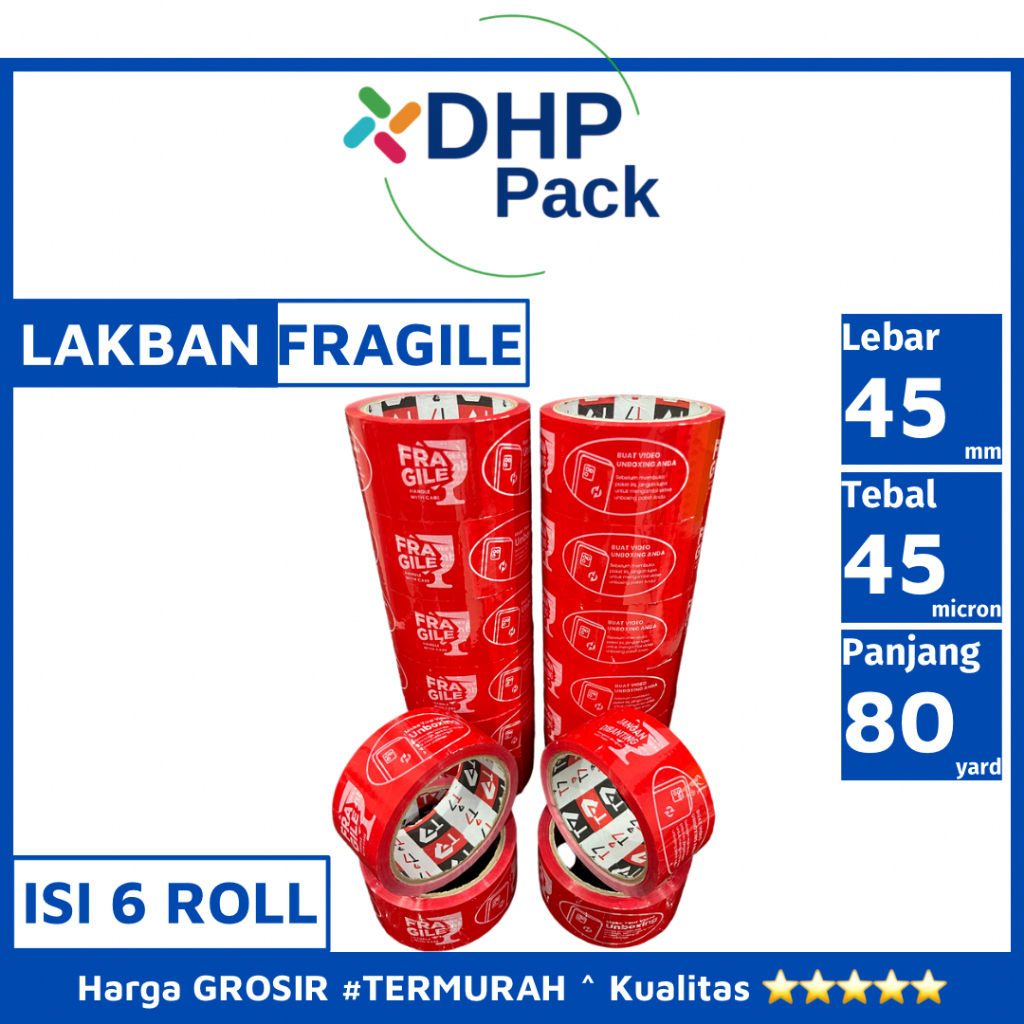 

LAKBAN FRAGILE UNBOXING MERK T7 LENGKET , TERBAIK , TERHEMAT , UKURAN 45 MM X 80 YARD ISI 6 ROLL