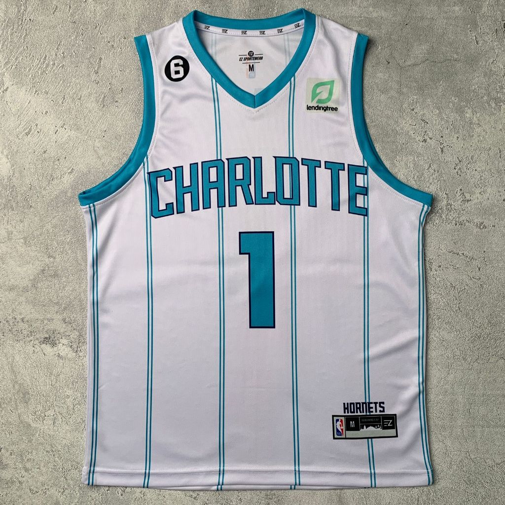Jersey Lamelo Ball Charlotte Hornets #1 PUTIH WHITE Swingman Bola Basket NBA Baju Kaos T-Shirt Tshir