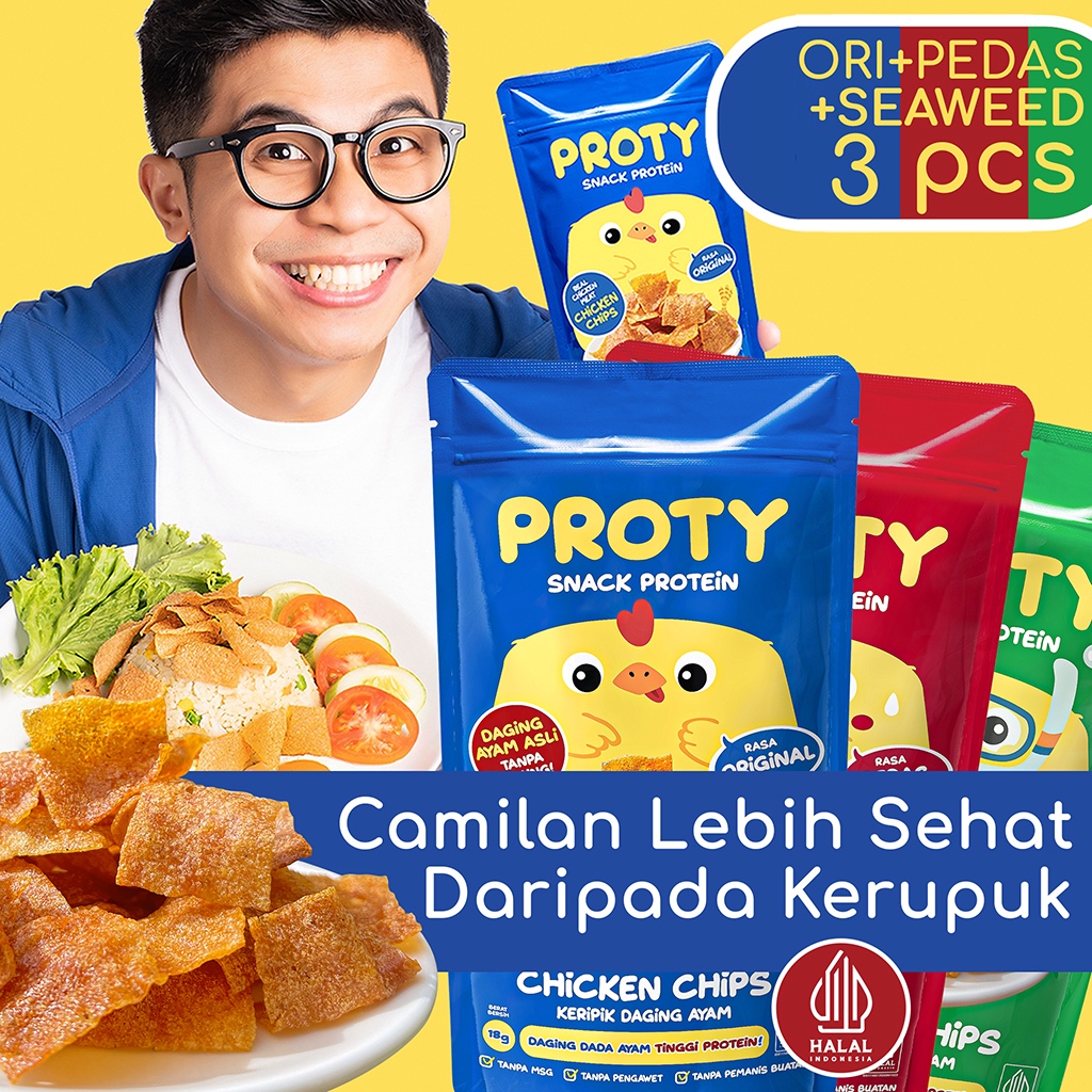 

PROTY Camilan Chicken Chips Ori(1 pcs)+Pedas(1 pcs)+RumputLaut(1 pcs) Gantinya Kerupuk