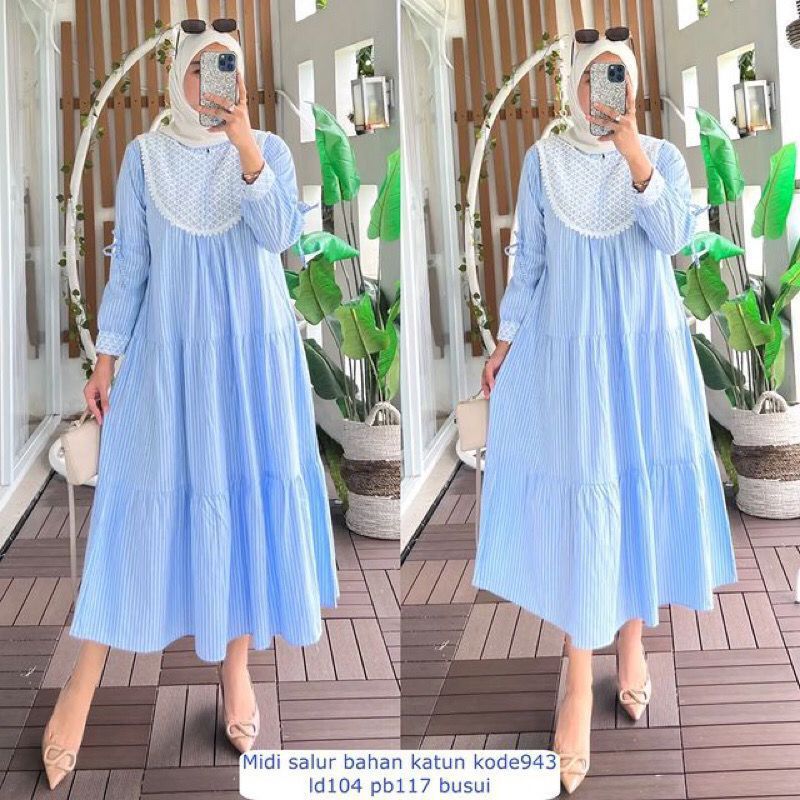 Ayura Midi Dress Katun Salur Gamis Lebaran 2024 Model Gamis Terbaru Baju Kondangan Wanita Kekinian