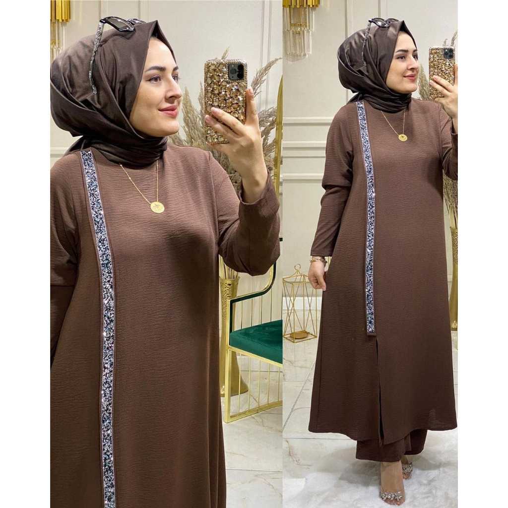 SETELAN WANITA MUSLIM MODEL TERBARU MIDI DRESS SET CELANA KULOT PAKAIAN KEKINIAN EMIRA SET 2 IN 1