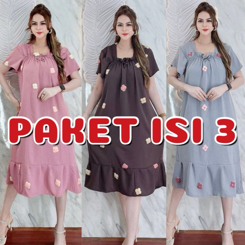 PAKET USAHA ISI 3 PCS DRESS MINI POMPOM LD 110 DASTER CRINKLE WANITA