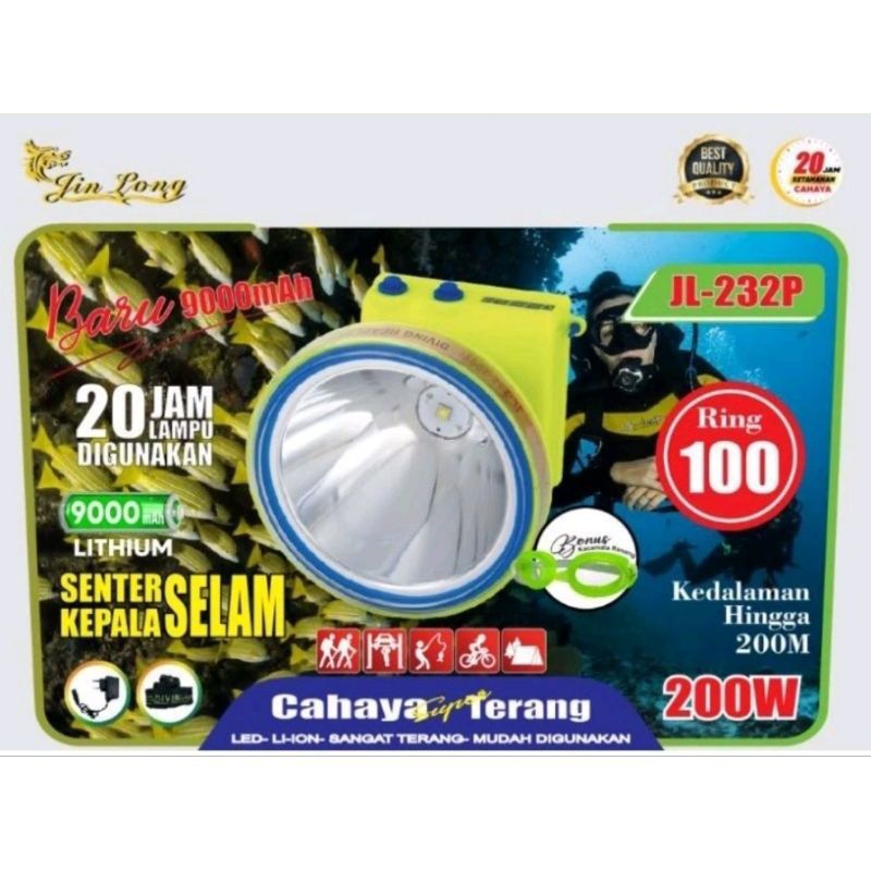 Senter Kepala Selam LED Jin Long JL-232P 200W-Cahaya putih tahan 20 jam