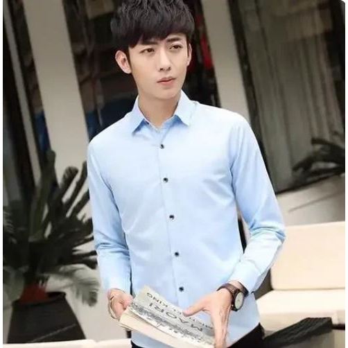 Kemeja Polos Lengan Panjang Slim Fit Putih Pria Gaya Korea Trendi Pakaian Formal Tebal