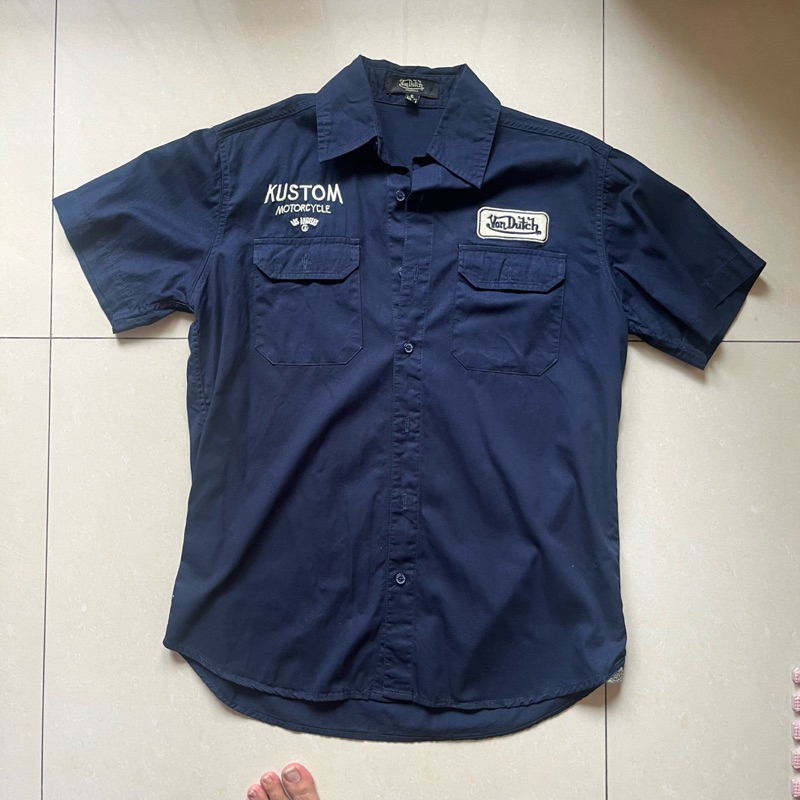 Von Dutch Work Shirt Kemeja Navy Lengan Pendek Kustom Motorcycle Original Second Bekas