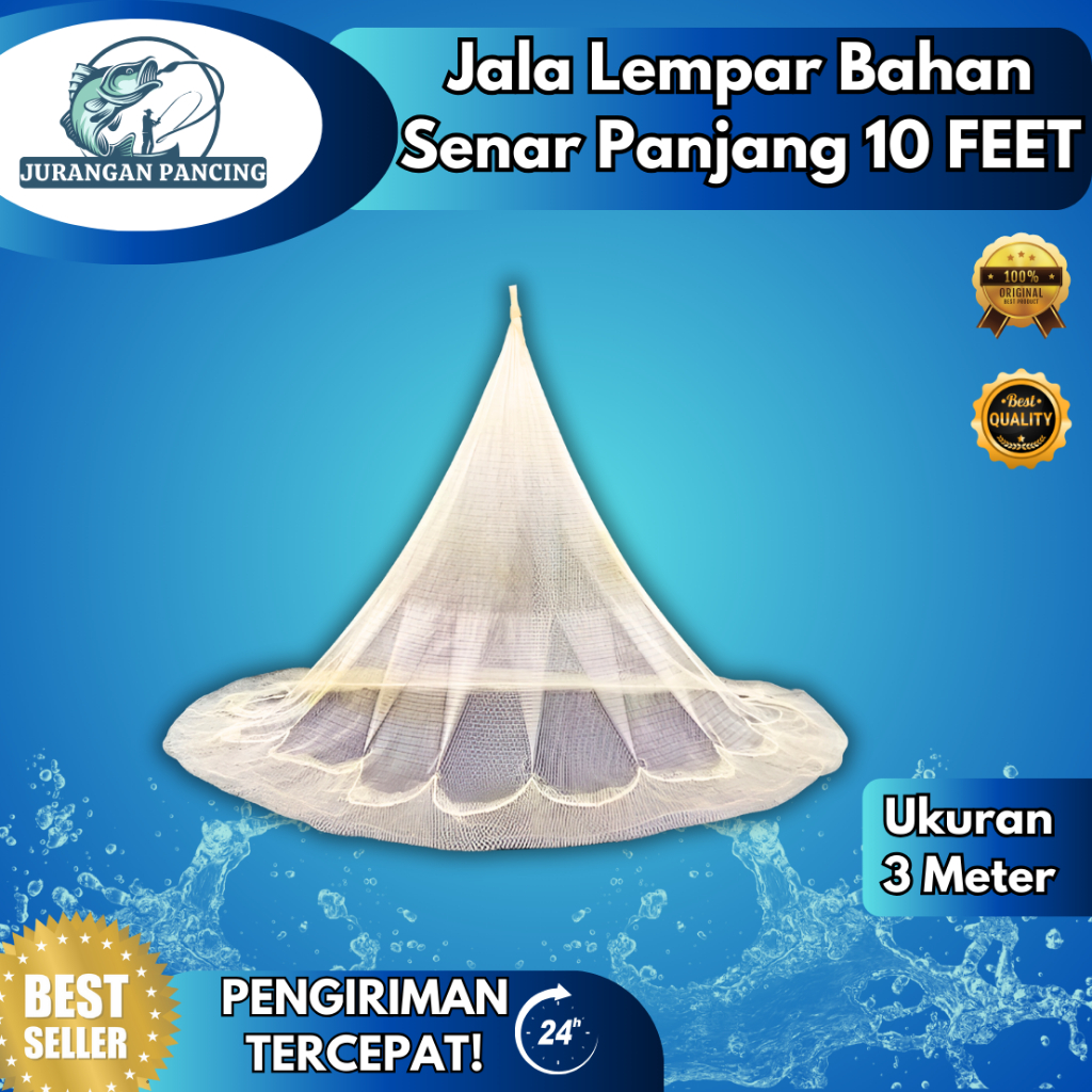 JALA IKAN LEMPAR SENAR PANJANG 10 FEET 3 METER / JALA IKAN 3 METER / JARING IKAN