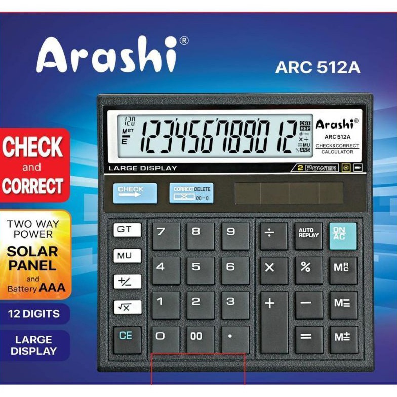 

KODE L27L Arashi Desktop Calculator ARC 512A Kalkulator 12 Digit Check And Correct Solar Panel