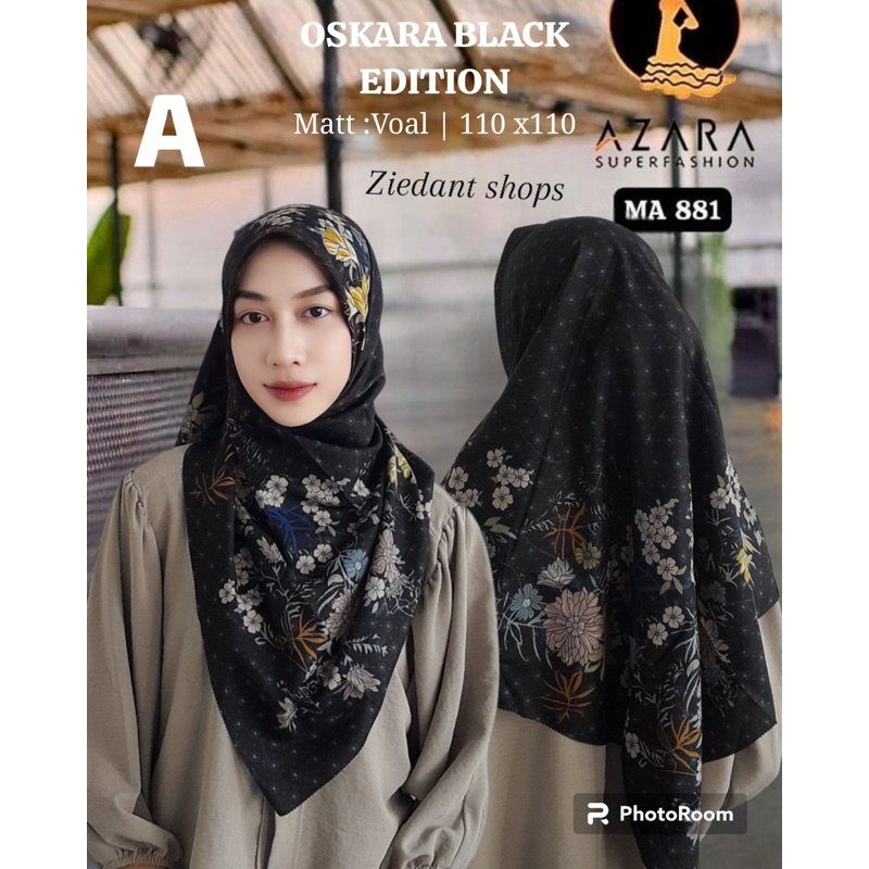 OSKARA.Hijab segi empat hitam motif mat voal/jilbab segi empat trendi