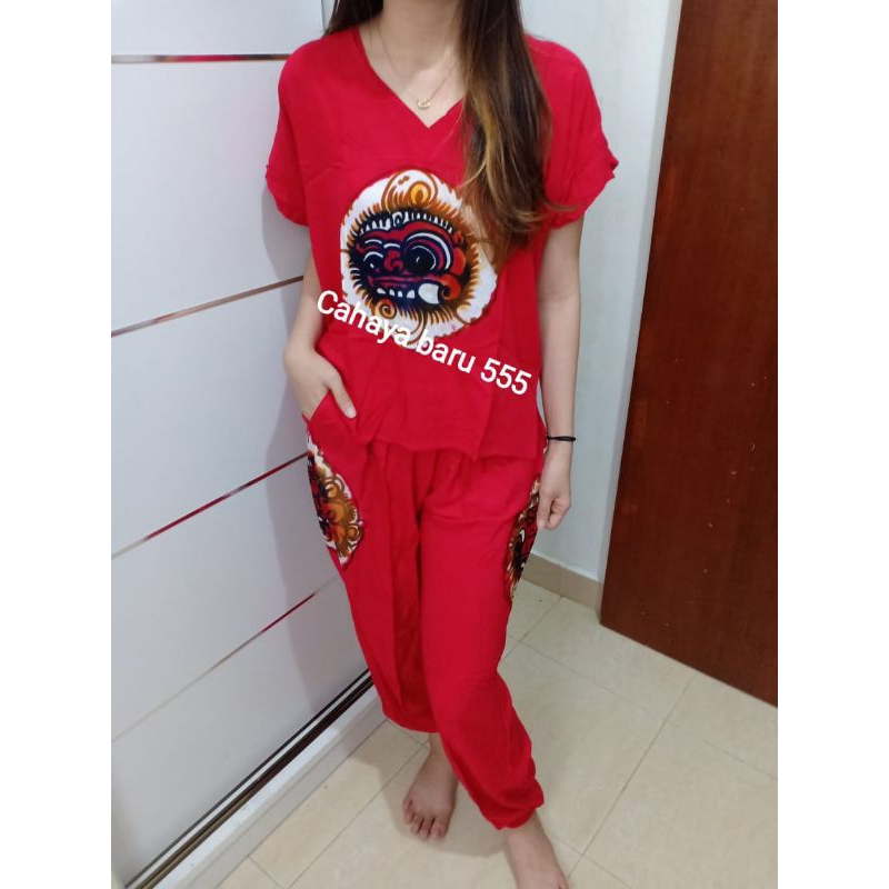 setelan baju bali V barong lukis size M, L, XL celana panjang bahan tebal dan adem