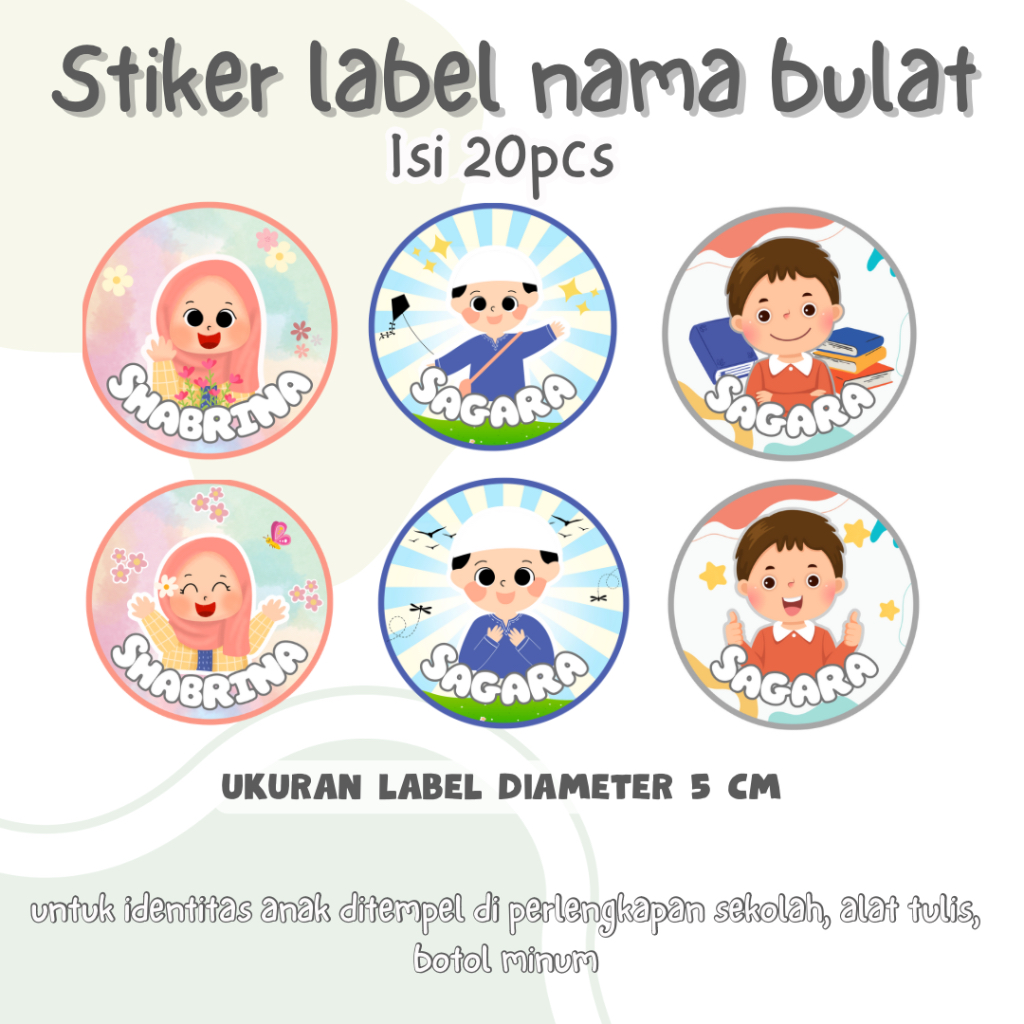 

Stiker label nama bulat 5 cm buku atk botol minum