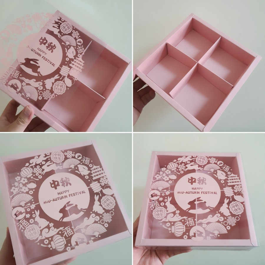 

(5Pcs) Dus Hampers Kue Bulan Mika 100gr Sekat 4 Ukuran 8.5x8.5x5 cm Warna Pink Salem