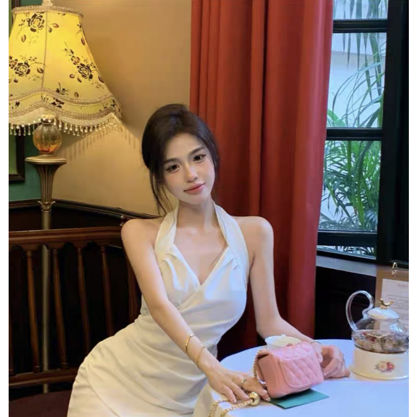 putih dress sexy Elegant backless dress midi dress sexy dress tanpa lengan cantik Bodycon sleeveless