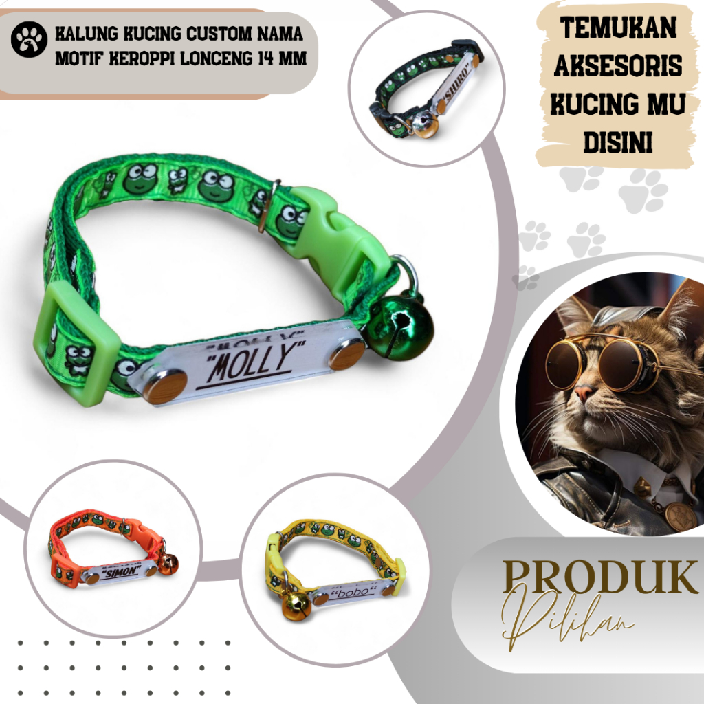 Kalung Kucing Custom Nama Motif Karakter Lucu Lonceng 14mm Tali Adjustable Bahan Akrilik Aman