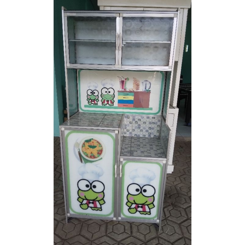 Rak piring  kaca 2 pintu karakter keropi /lemari dapur 2 pintu magicom /lemari rak piring karakter
