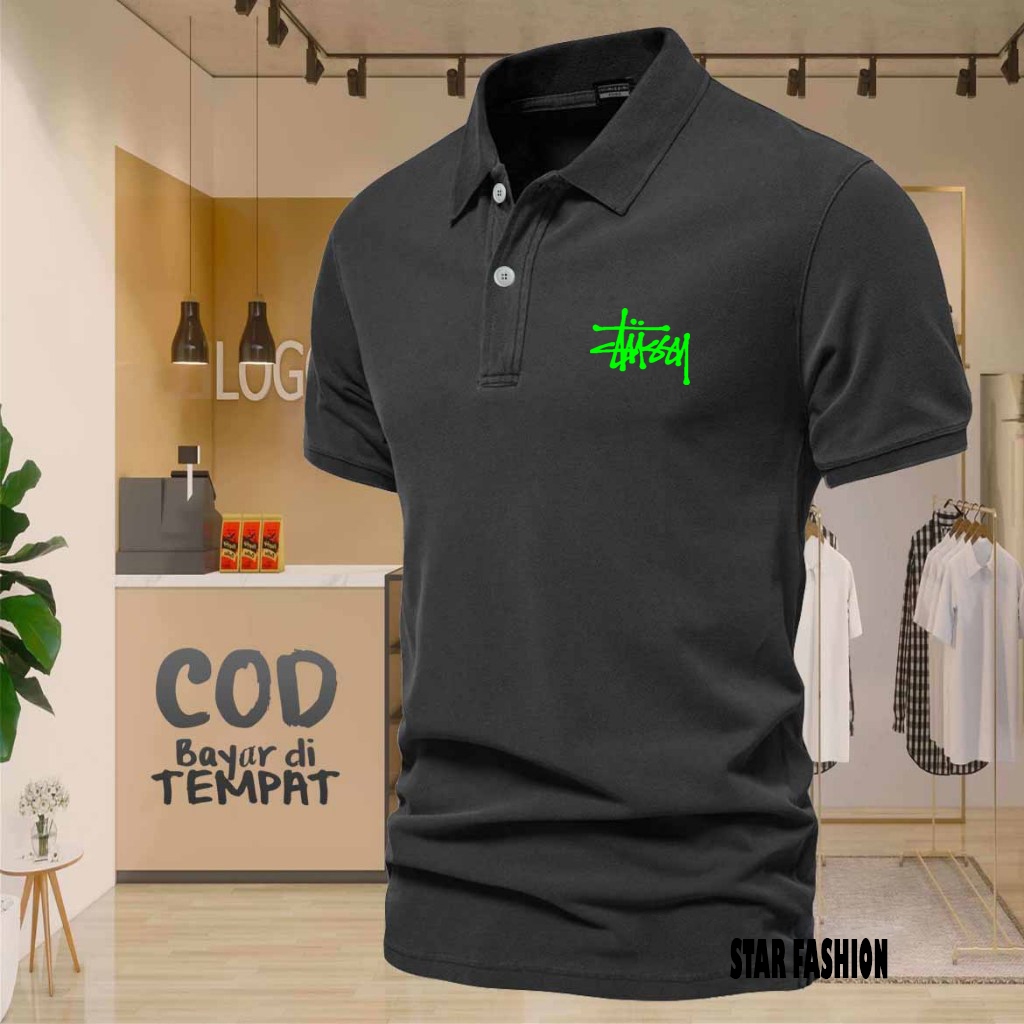 COD T-shrit POLO Kerah Stussy Text Neon Kaos Kerah Dewasa Shirt / Kaos Wangki Pria Polo / Kaos Serag