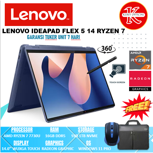 Laptop Touchscreen Lenovo Flex 5 AMD Ryzen 7 Ram 16GB Ssd 1 TB Layar 14" WUXGA Touchscreen Blue