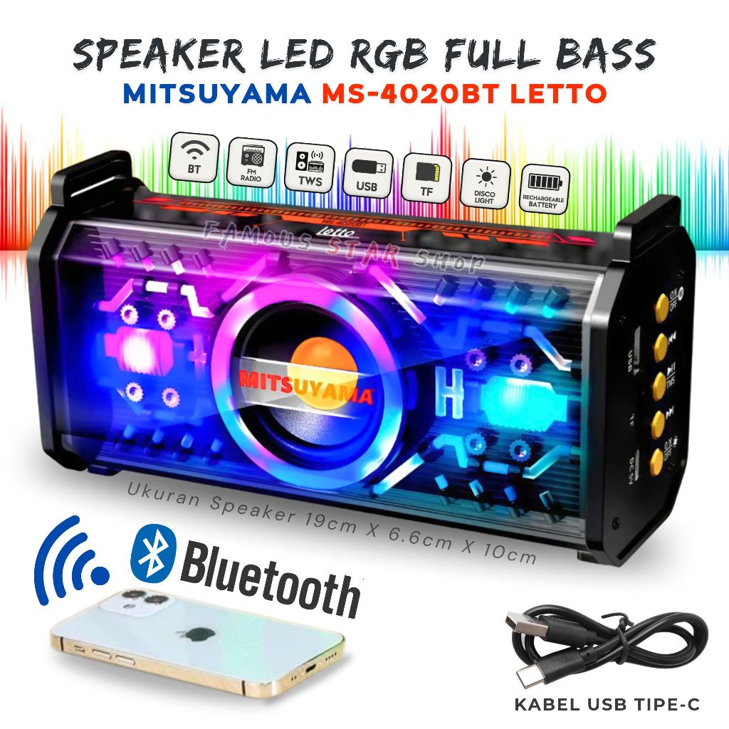 Speaker Aktif Super Bass Bluetooth Mecha LETTO dari MITSUYAMA 22 pcs Lampu LED RGB subwoofer extra b