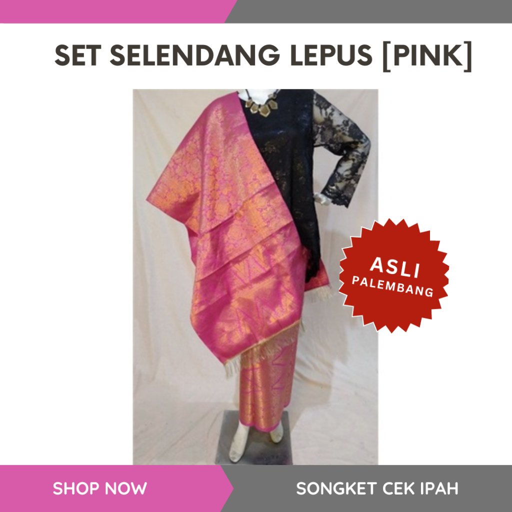 Kain Songket Khas Palembang ATBM Set Selendang Lepus Warna Pink Siap Pakai