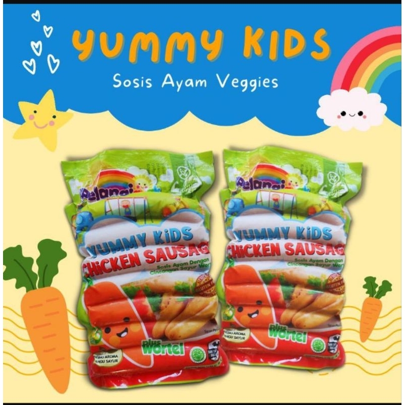 

Yummy Kids Sosis Ayam + Wortel Chicken Sausage Veggie Pelangi Anak Frozen Food 100% Halal Non Msg Bebas pengawet