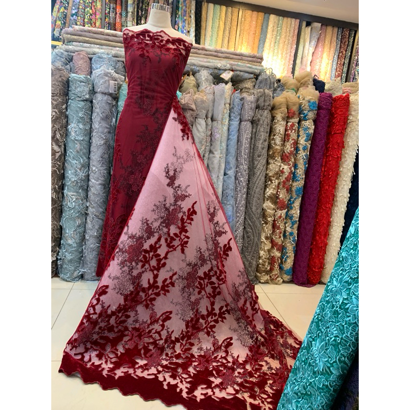 Bahan Kain Tille Bludru Bordir / Bahan Kebaya Tulle Bludru
