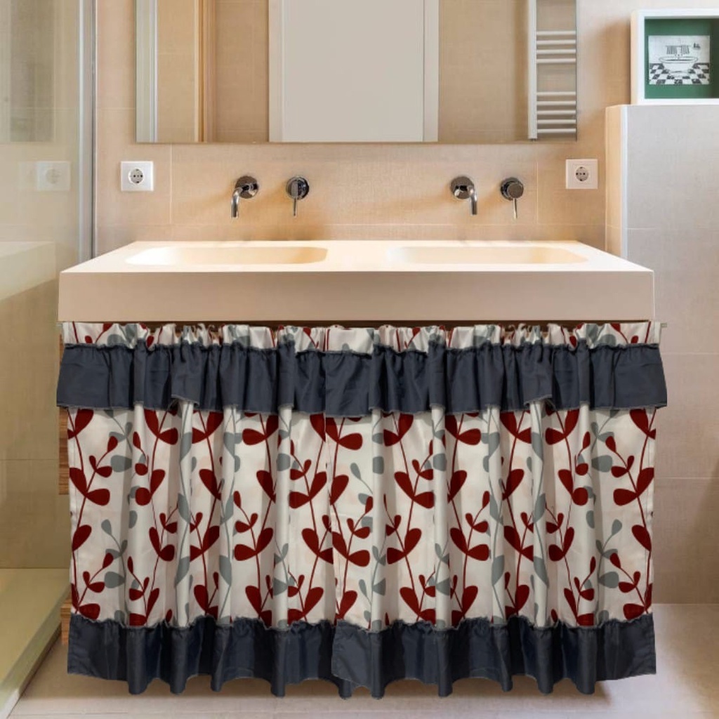 Gorden kolong dapur motif daun merah | Gorden minimalis | Bisa custom size | Tirai kolong dapur