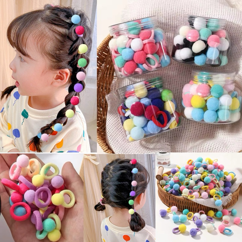 20PCS Free Tabung Ikat Rambut Anak Karet Donat Mini Karakter Pom Pom Isi 20 Fashion Korea Lucu