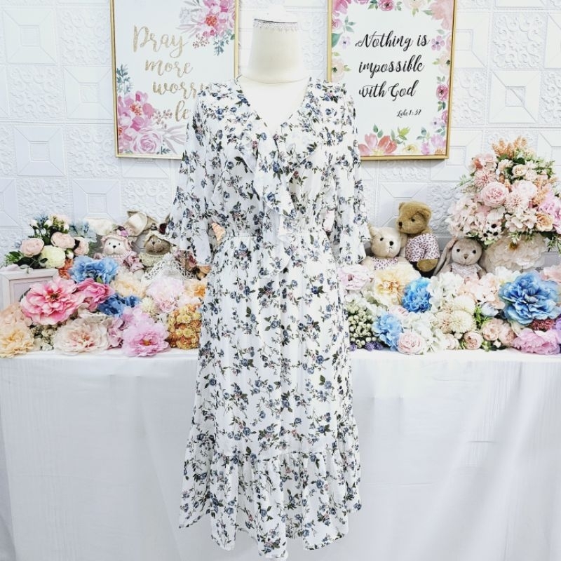 Dress korea siffon bunga putih biru lengan lonceng