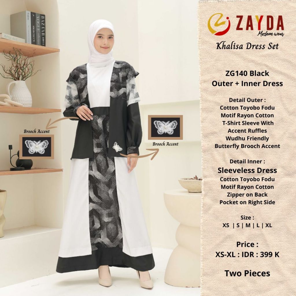 Gamis set outer + inner ZG140 By Zyda Moslem Wear original kekinian modern trendy elegant modis excl