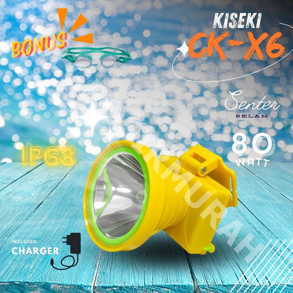 Head Lamp kiseki CK-X6 80 Watt senter selam cahaya putih / Bonus kacamata selam