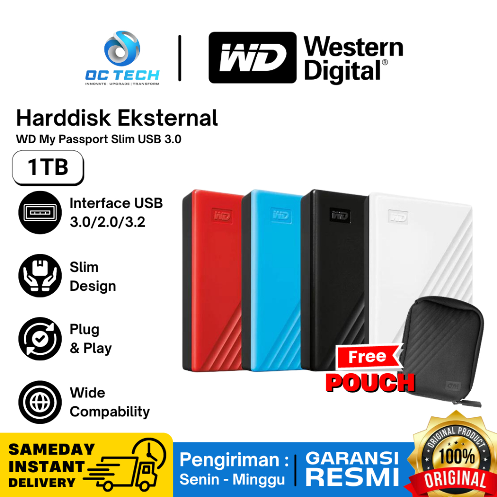 WD My Passport 1TB HD HDD Hardisk Eksternal External 2.5" USB 3.0 Free Pouch Original Garansi Resmi