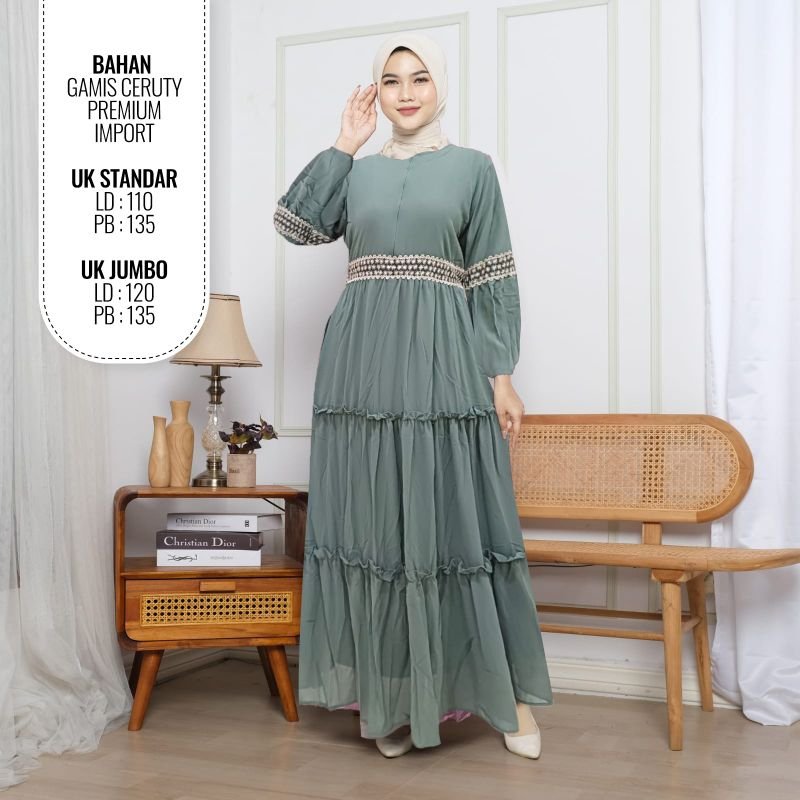 (JUMBO) Gamis Ceruty Premium Renda Pinggang 2 Tingkat Busui Friendly