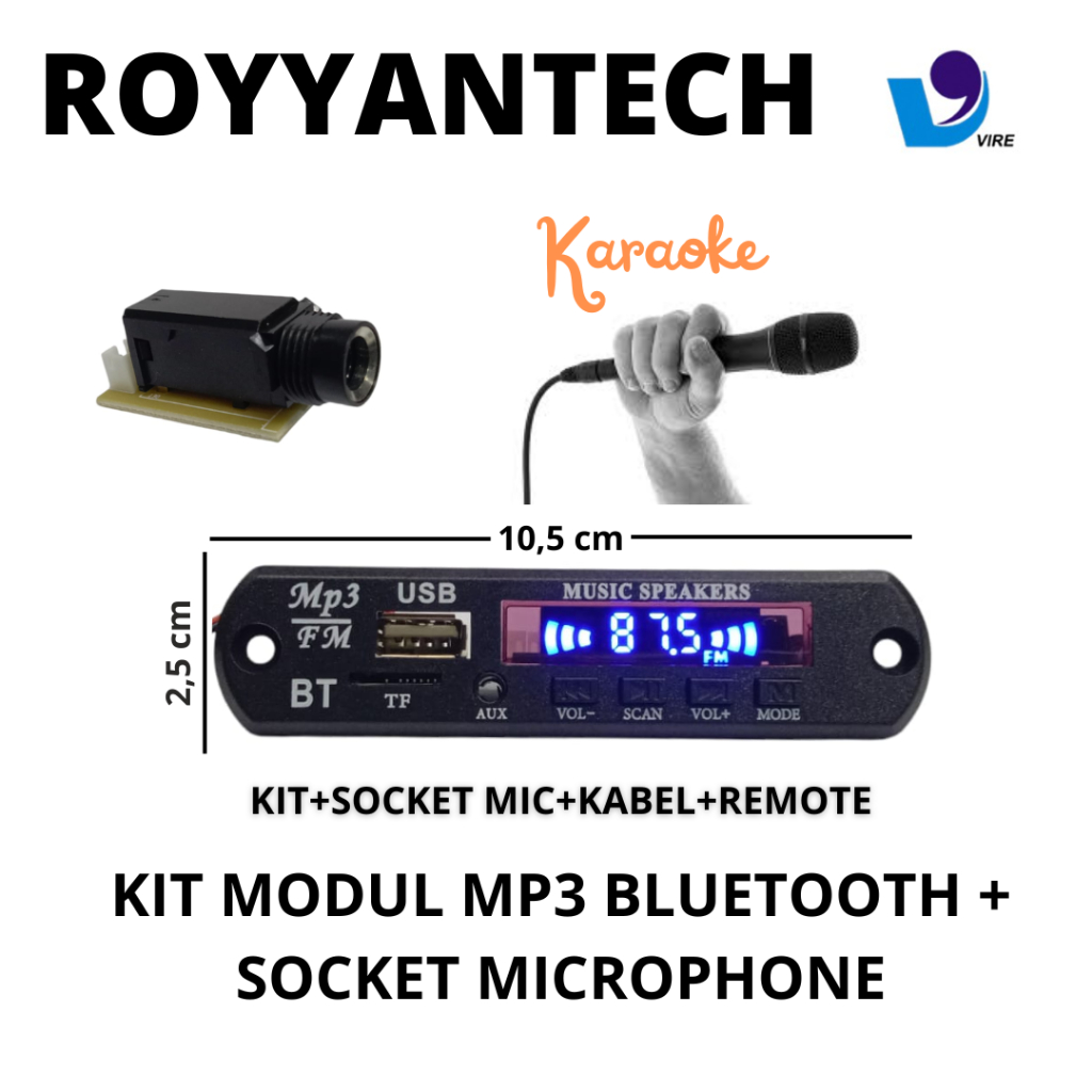 R4m3 KIT MODUL MP3 BLUETOOTH VIRE + SOCKET MICROPHONE VTF 108BT V8.7 dW