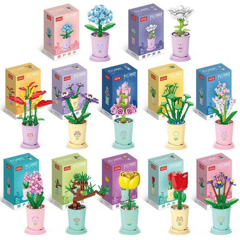 Flower Block Zodiak Cina Pot Tanaman Buket Blok Bangunan Mainan Block Bricks Mini Mainan Edukatif Ba