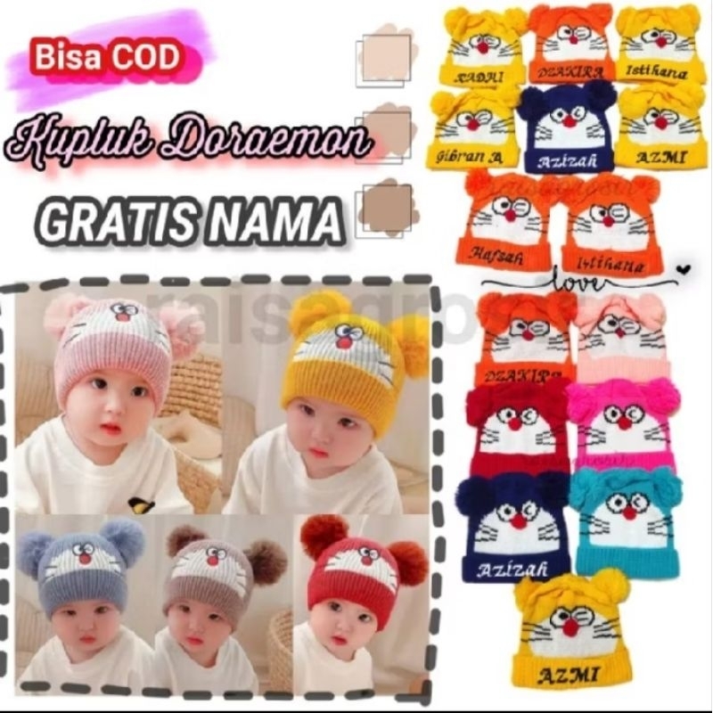 KUPLUK DORAEMON FREE NAMA/KUPLUK BABY BORDIR/KUPLUK BAYI PAKE NAMA/TOPI BAYI REQUES NAMA TOPI BABY
