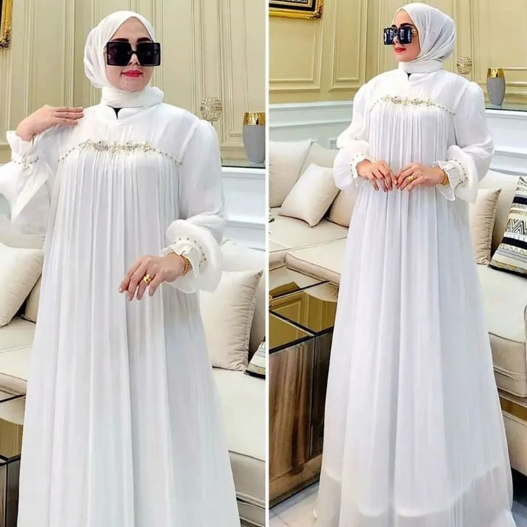 COD GAMIS ABAYA  PUTIH TERBARU MEWAH PAYET MUTIARA CERUTY BABYDOL FULL PURING DRESS KONDANGAN ELEGAN