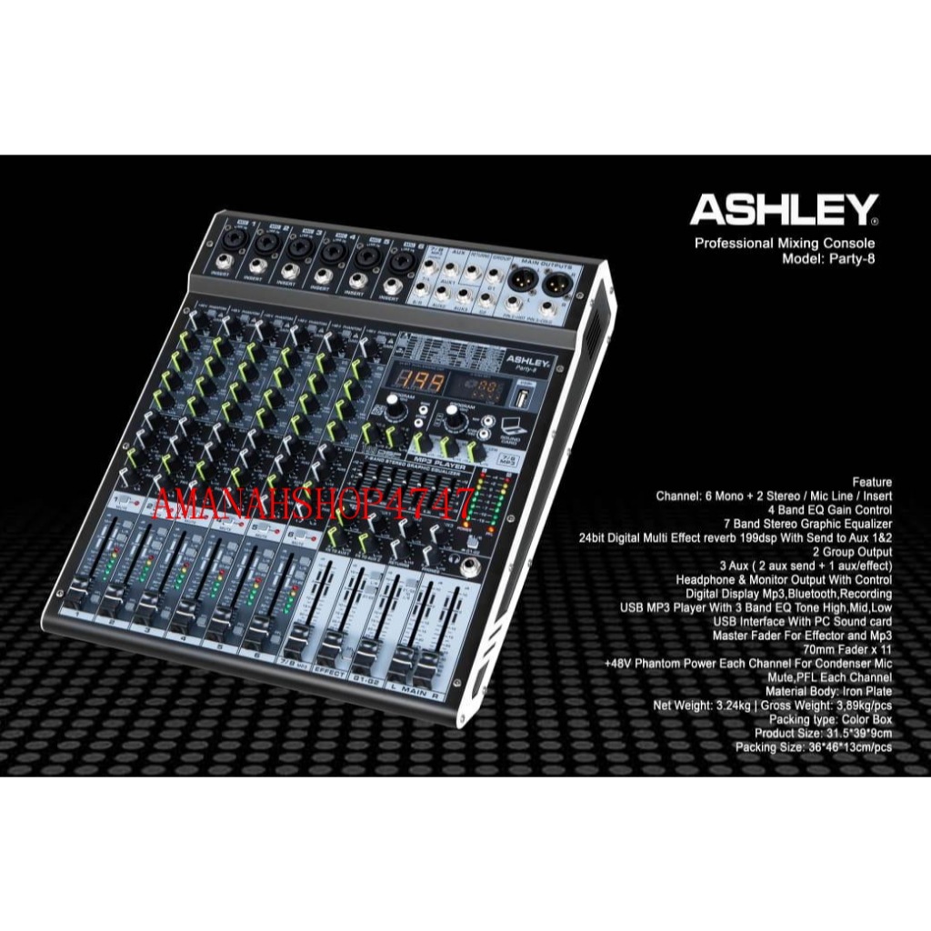 MIXER AUDIO ASHLEY PARTY 8 PARTY-8 MIXER 8 CHANNEL ORIGINAL ASHLEY