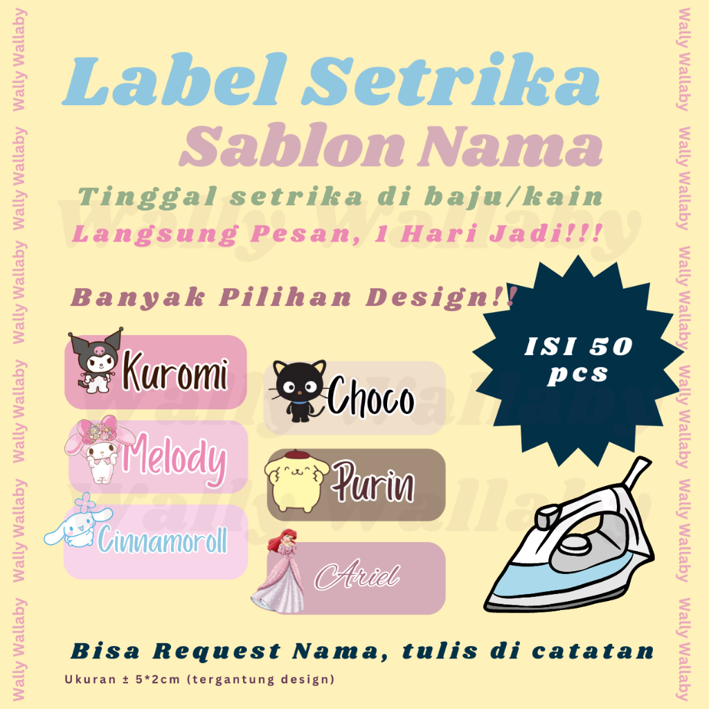 

Sticker Nama Label Printing Kaos/Seragam Sekolah Sanrio Edition | Sablon Setrika Isi 50pcs Gratis Custom Nama