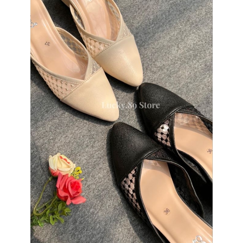 FLADEO Sandal Selap Wanita Brukat Heels 5cm Sendal Pesta Mewah